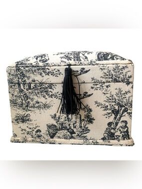 Black and Ivory Toile Print Fabric Decorative Storage Box w Tassel 6x8x9